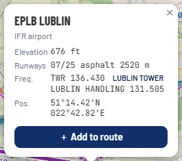 The card of EPLB Lublin airport with the elevation, runway 07/25, frequencies and the Add to route button