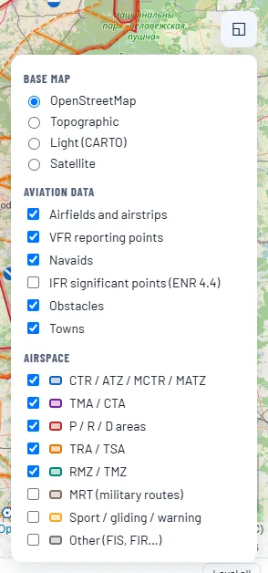The layers menu: base map, aviation data and airspace to switch on and off