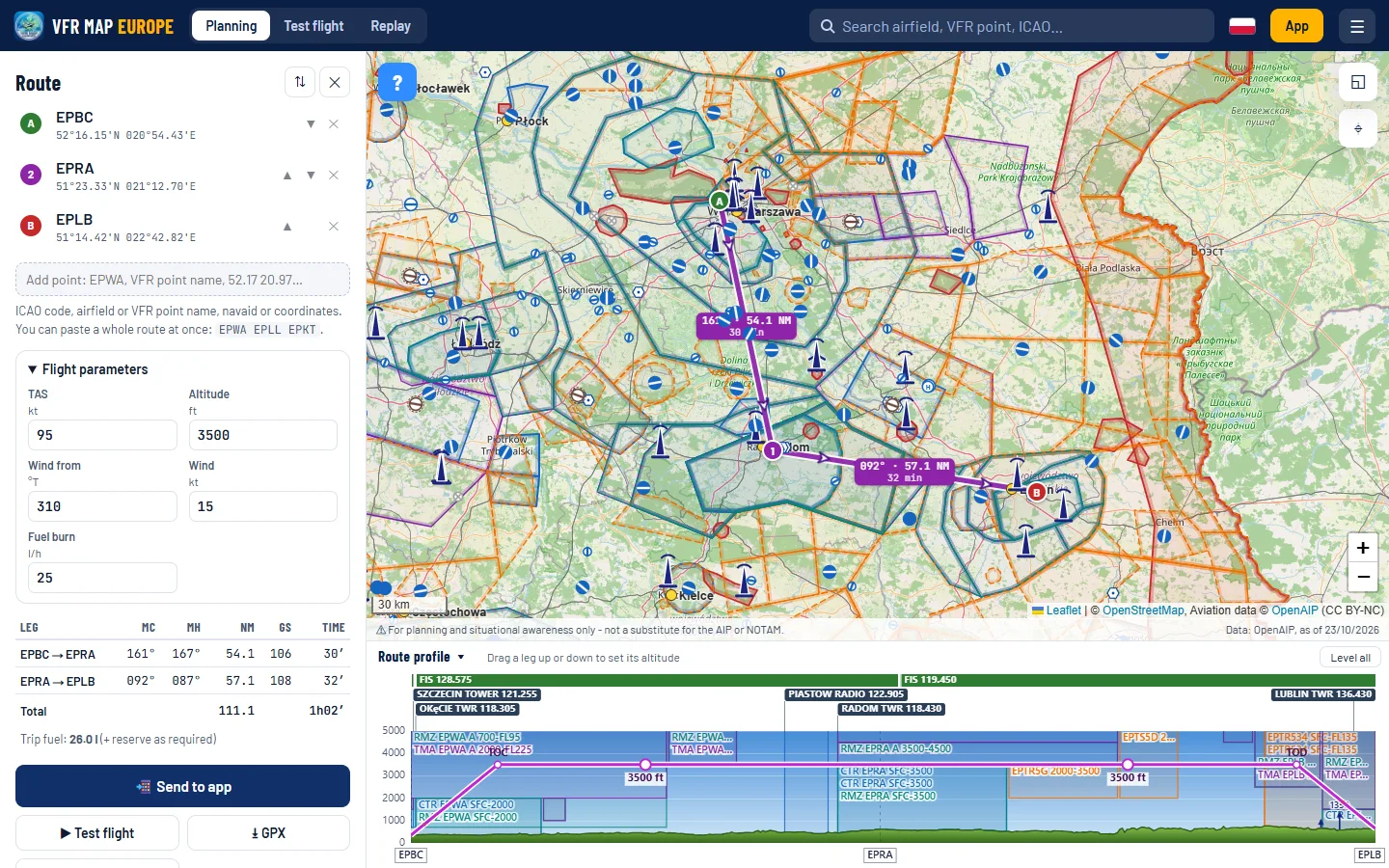The vfrmap.eu map with the planned route EPBC - EPRA - EPLB, the route panel on the left and the route profile below the map
