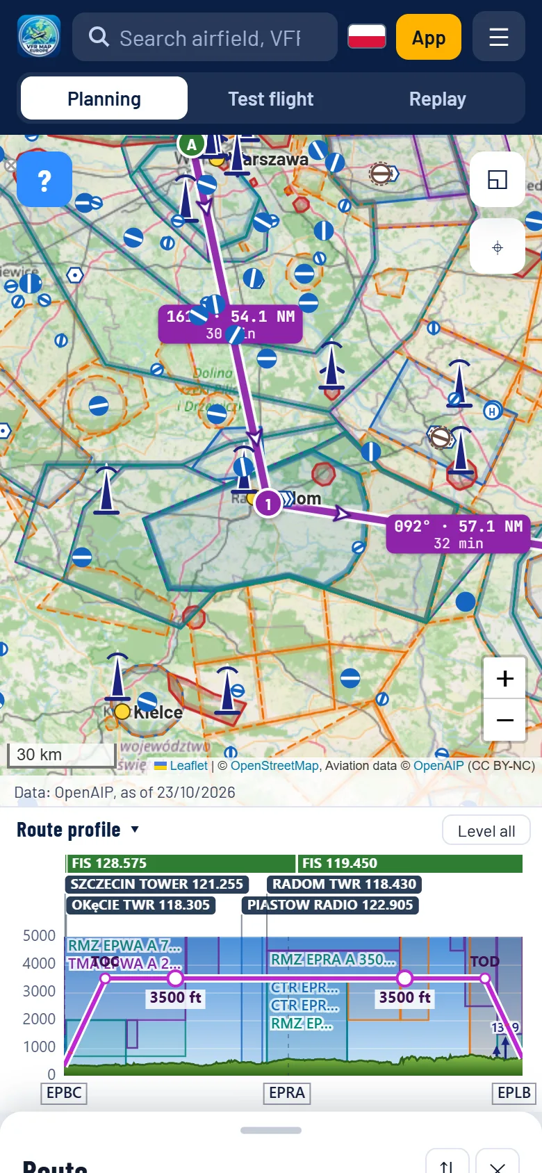 The vfrmap.eu map on a phone: the modes below the search bar, the route on the map, the route profile and the folded panel at the bottom