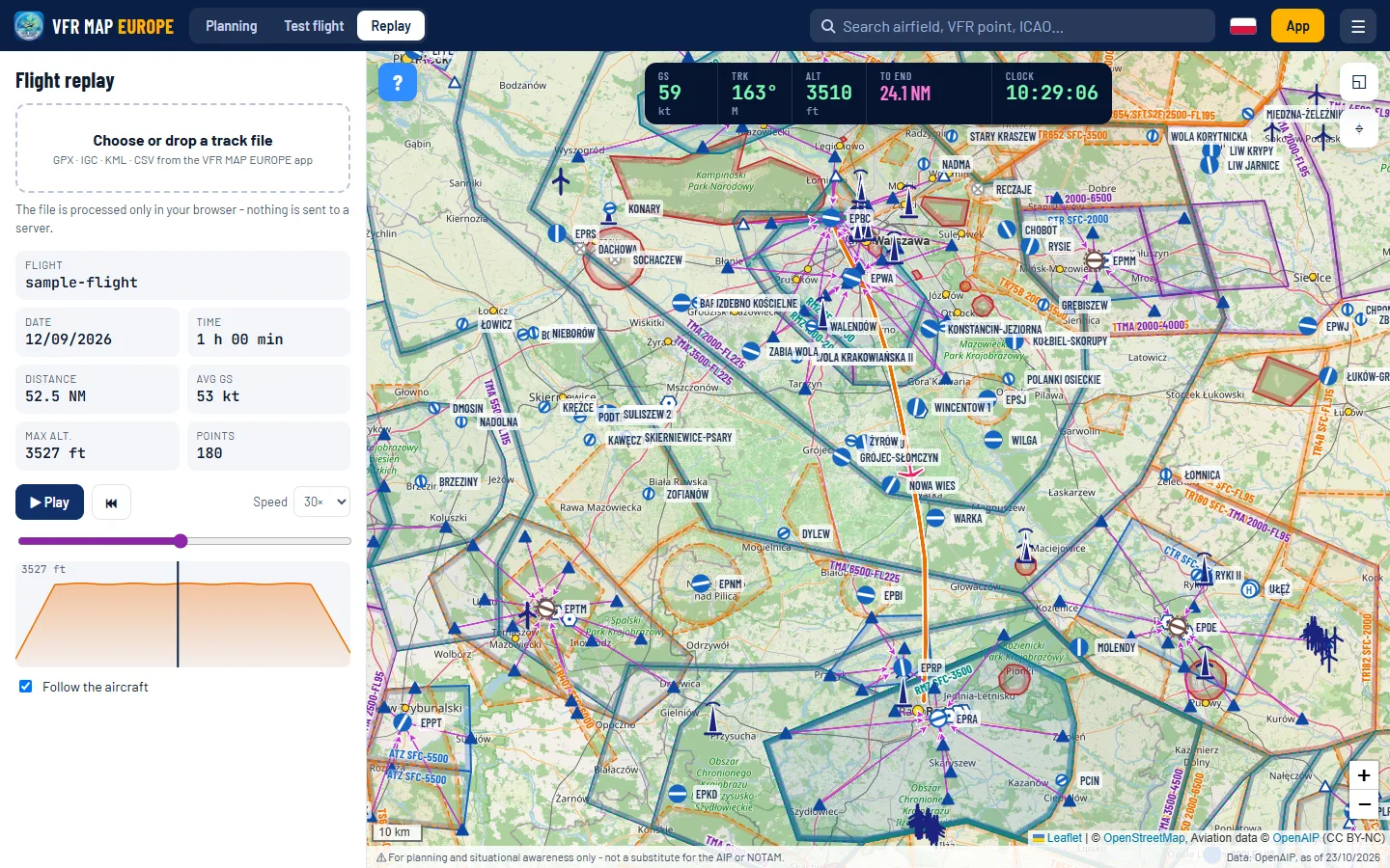 Replaying a sample flight from a GPX file: flight statistics, the track on the map, the altitude profile and the data bar