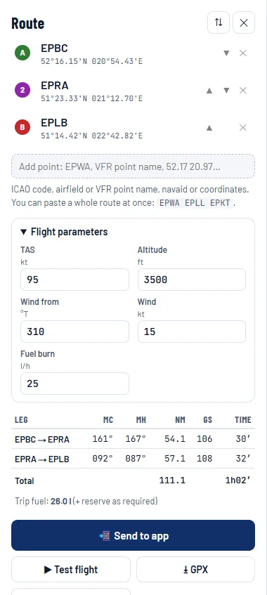 The Route panel with the points EPBC, EPRA and EPLB, the flight parameters and the navigation log