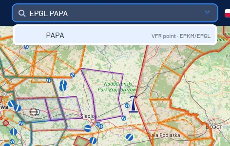 The vfrmap.eu search with EPGL PAPA typed and the result: VFR point PAPA of the airports EPKM and EPGL