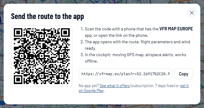 The Send the route to the app window with a QR code, three-step instructions and a link to copy