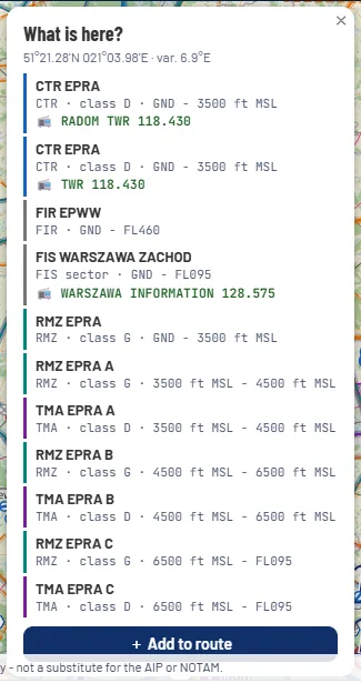 The What is here window with the variation and the list of airspace above the clicked point