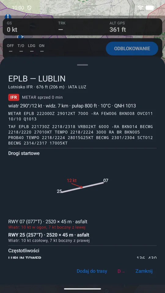 Karta lotniska EPLB Lublin w aplikacji: METAR, TAF, schemat drogi startowej z wiatrem i składowe wiatru dla RWY 07 i 25