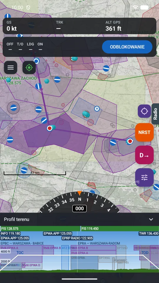 Ekran mapy w aplikacji: pasek danych GS, TRK, ALT GPS, czasy blokowe, trasa, przyciski NRST, D→, narzędzia, kompas i profil terenu