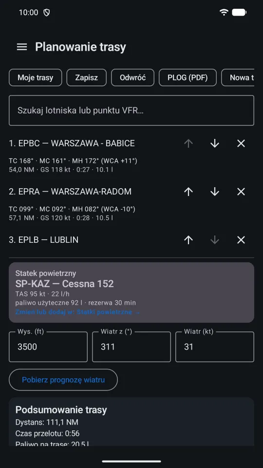 Ekran Planowanie trasy: przyciski Moje trasy, Zapisz, Odwróć, PLOG, lista punktów z kursami, samolot, wysokość i wiatr