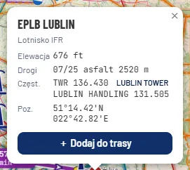Karta lotniska EPLB Lublin z elewacją, drogą startową 07/25, częstotliwościami i przyciskiem Dodaj do trasy