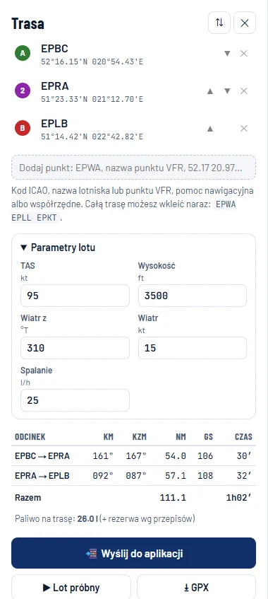 Panel Trasa z punktami EPBC, EPRA i EPLB, parametrami lotu i planem nawigacyjnym