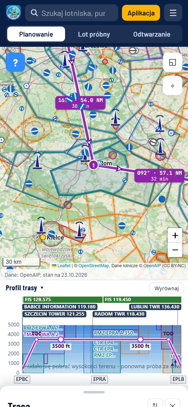 Mapa vfrmap.eu na telefonie: tryby pod paskiem wyszukiwania, trasa na mapie, profil trasy i zwinięty panel na dole
