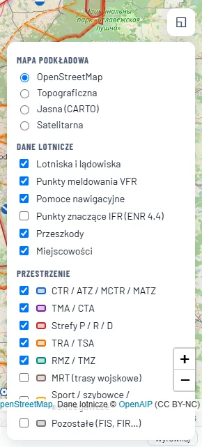 Menu warstw: mapa podkładowa, dane lotnicze i przestrzenie powietrzne do włączania i wyłączania