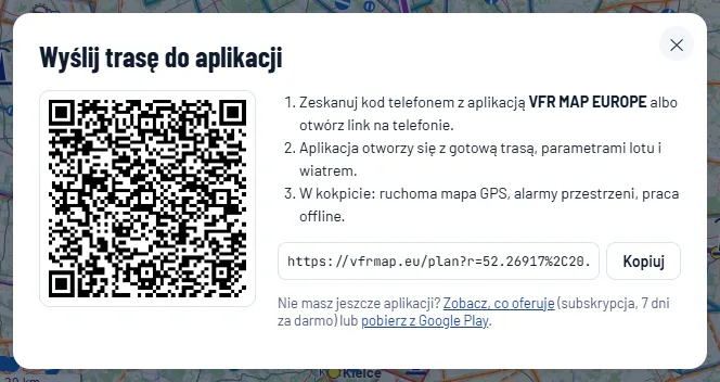 Okno Wyślij trasę do aplikacji z kodem QR, instrukcją w trzech krokach i linkiem do skopiowania