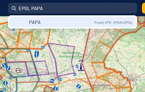 Wyszukiwarka vfrmap.eu z wpisanym EPGL PAPA i wynikiem: punkt VFR PAPA lotnisk EPKM i EPGL